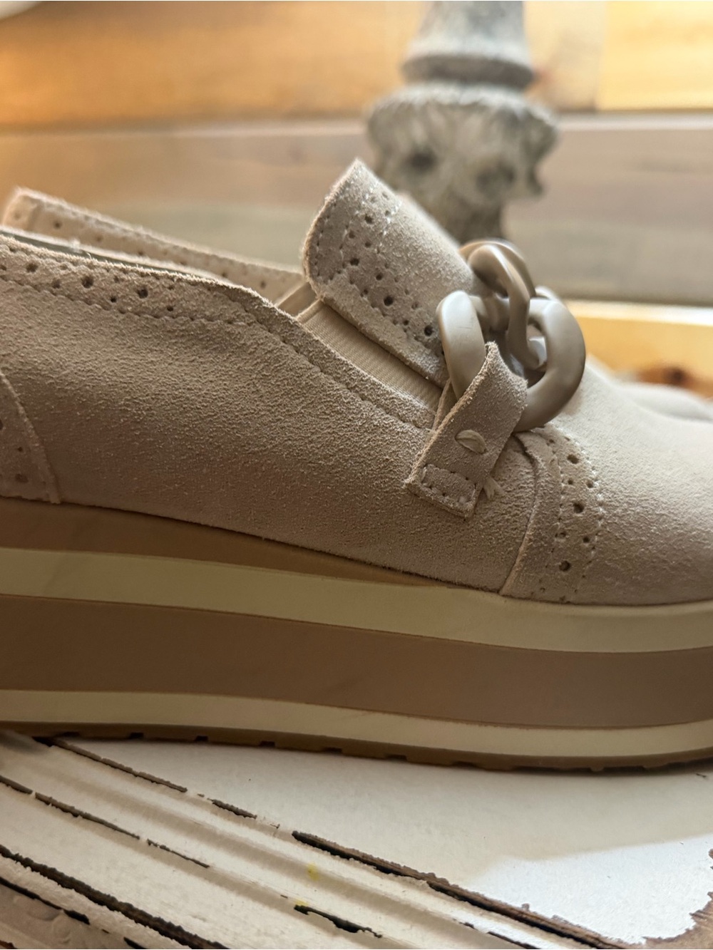 Dolce Vita Beige Suede Platform Loafer with Chain Accent